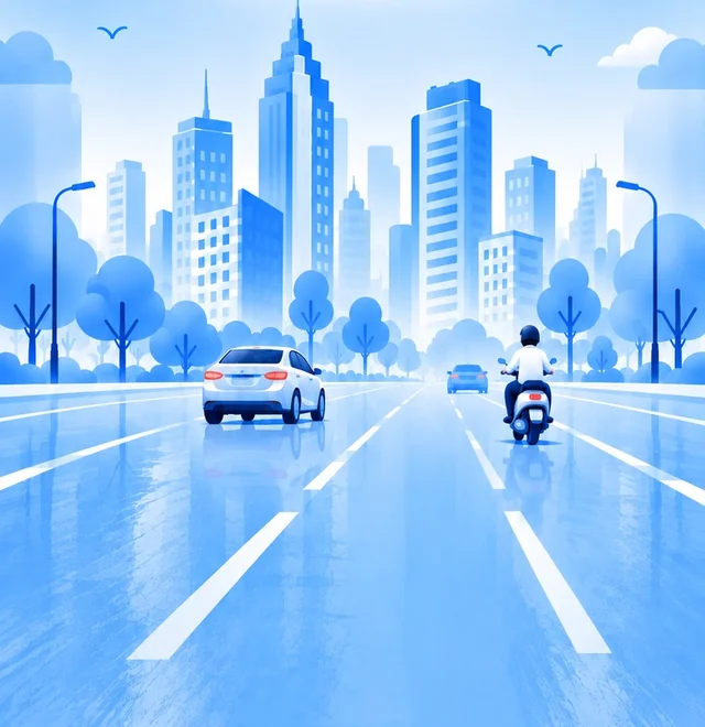Blue city illustration with a car and bike on the road